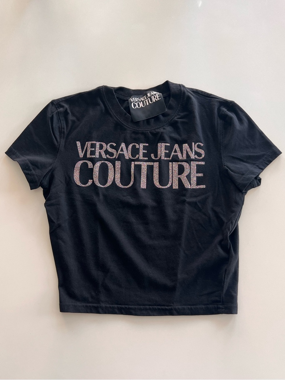 Versace Jeans Couture Black Baby Tee with Sparkly Pink Logo